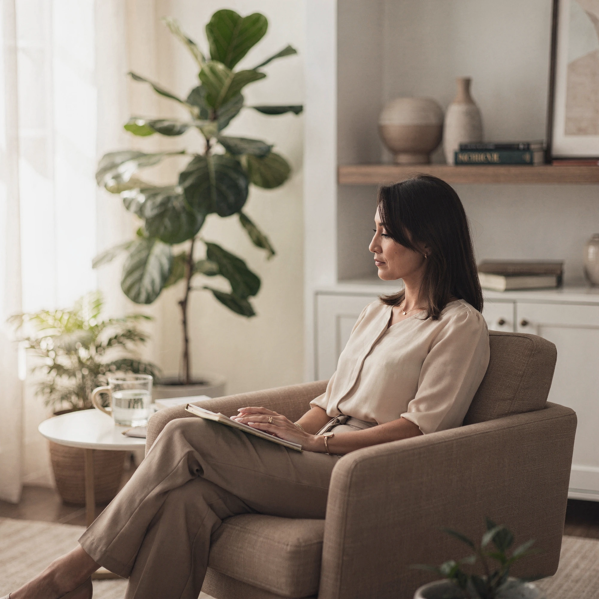 Psychiatrist in Porter Ranch, CA – client talking with a therapist in a bright office at Uriel Behavioral Wellness